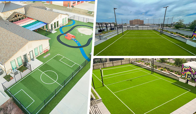 Versatile artificial turf applications Collage of artificial turf playgrounds and sports courts.