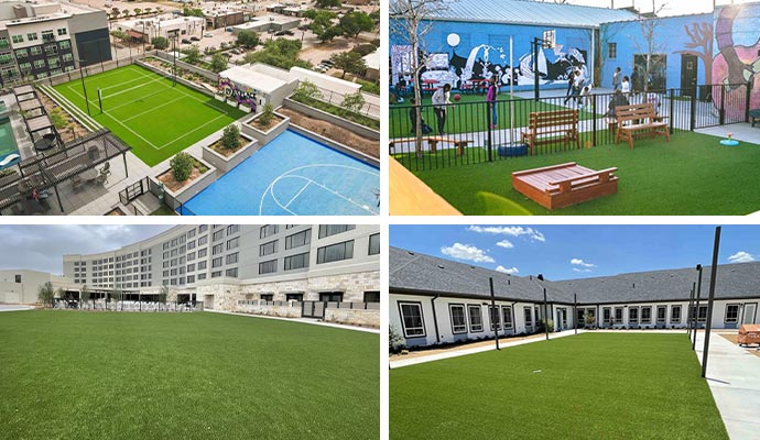 Commercial and community artificial turf solutions Collage of artificial turf at hotels, schools, and apartment buildings.