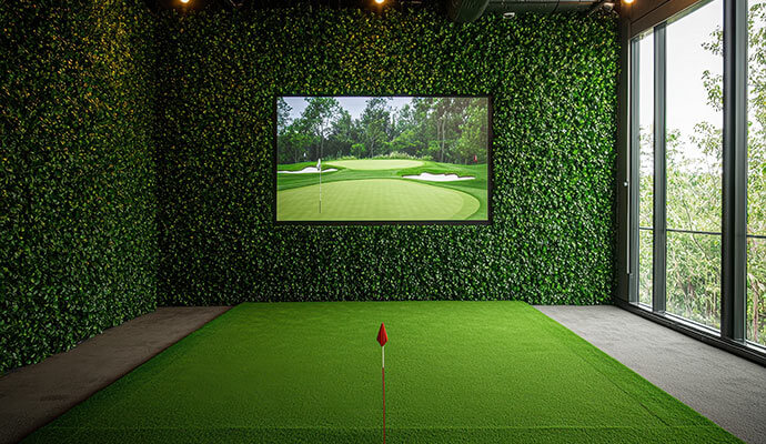 Luxury home golf simulator High-end indoor golf simulator room.