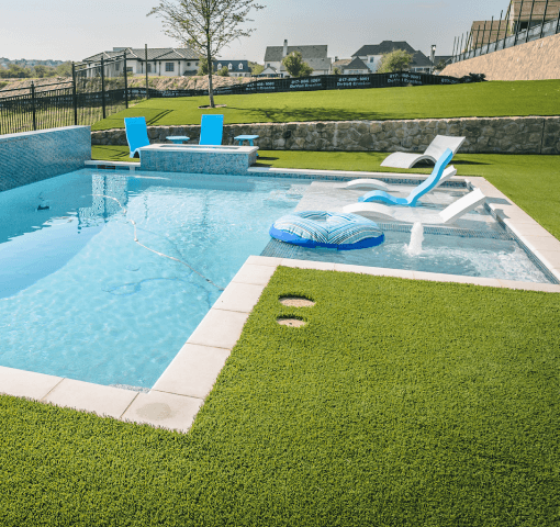 residential pool and artificial grass in ground. Commercial pool and artificial grass in ground